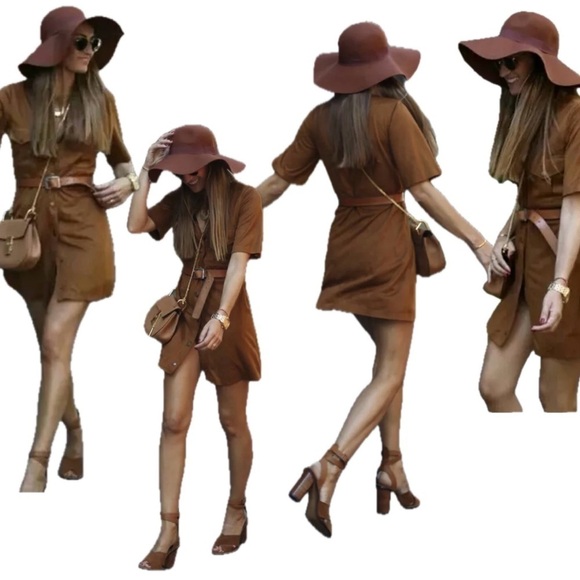 Zara Camel Brown faux suede short sleeve button front mini dress L - Picture 2 of 15